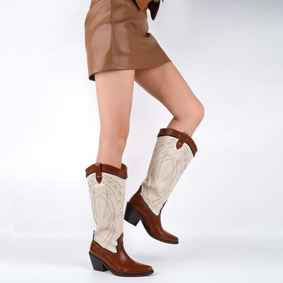 Studded Rivets Knee High Cowboy Boots Pull On Pointed Toe Stacked Embroidered - Picture 1 of 6